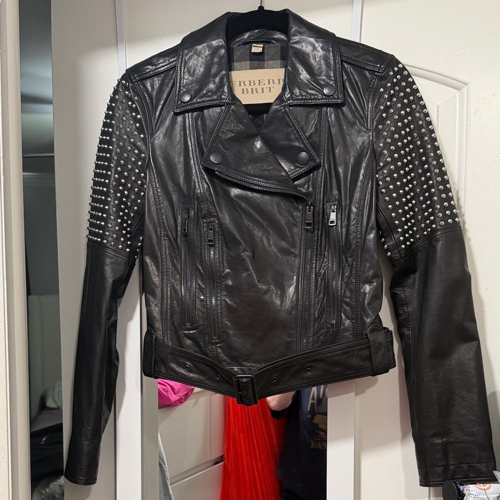 Burberry Brit Black Leather Jacket with Silver Studs